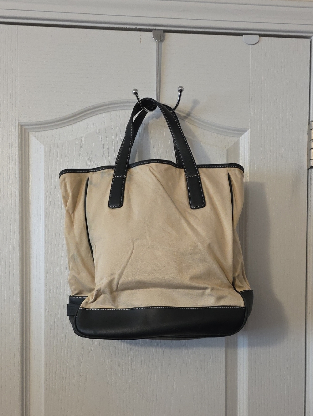 VINTAGE COACH BEIGE CANVAS TOTE WITH BLACK LEATHER TRIM